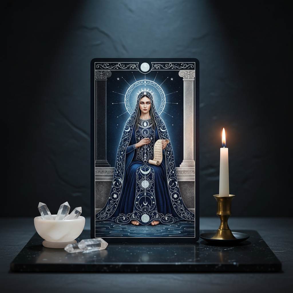 A single, exquisitely illustrated tarot card—the High Priestess—placed upright on a smooth onyx slab altar. The card’s artwork features deep midnight blues, silver detailing, and intricate lunar symbols, all rendered in sharp photographic clarity. Around the card, minimal objects: a small alabaster bowl with clear quartz points and a slender gold candle in an obsidian holder, its flame steady and refined. The background is a dark, softly textured wall with subtle hints of shadow. Cool, diffused lighting from above and slightly behind creates a halo effect around the card’s edges, elevating its presence. The mood is serene, contemplative, and sophisticated, with a centered composition and shallow depth of field that isolates the card as the sole focal point.