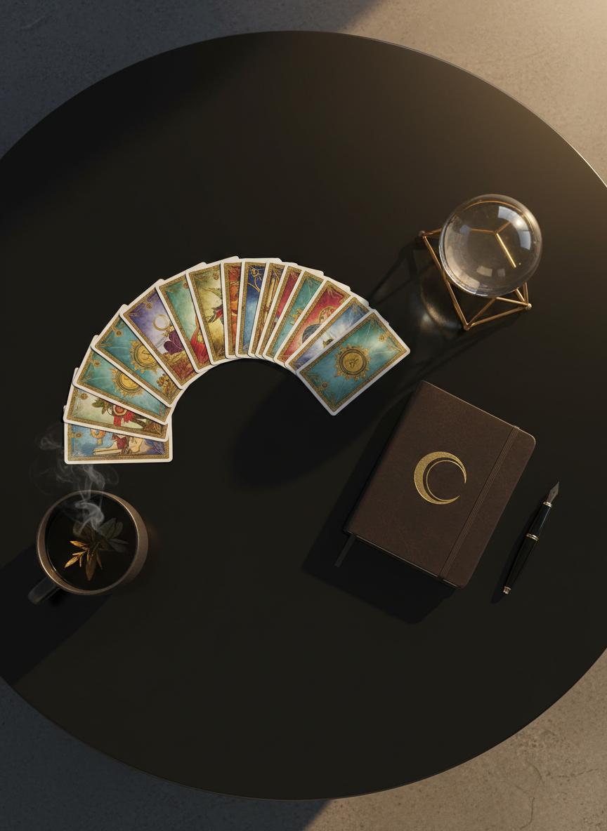 An overhead photographic view of an elegantly curated tarot reading space on a round, glossy black table. A fan of beautifully illustrated tarot cards with muted jewel tones spreads across the center, edges perfectly aligned. Beside them rests a leather-bound journal with a gold-embossed crescent moon, a sleek black fountain pen, and a clear crystal sphere on a minimalist brass stand. A dark ceramic cup of herbal tea with faint steam sits near the edge. Soft golden hour light filters from one side, casting long, refined shadows and subtle reflections on the tabletop. The composition is carefully balanced using the rule of thirds, creating a calm, intentional, and luxurious atmosphere with photographic realism and a clean, modern aesthetic.