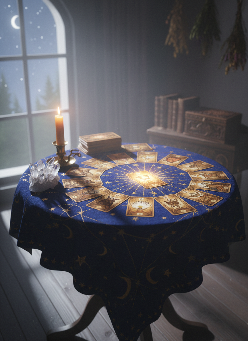 A serene, mystical tarot reading setup viewed at a slight angle. A wooden table with a velvet cloth, several tarot cards laid out in a spread, a glowing candle, a small crystal cluster, and soft moonlight filtering through a nearby window. The mood is calm, spiritual, and inviting with warm golden and deep indigo tones. Photorealistic, high detail, soft depth of field.